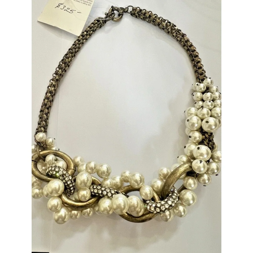 NOS Lee Angel Faux Pearl Rhinestone Link Necklace Antiqued Gold Y2K Luxe Baroque